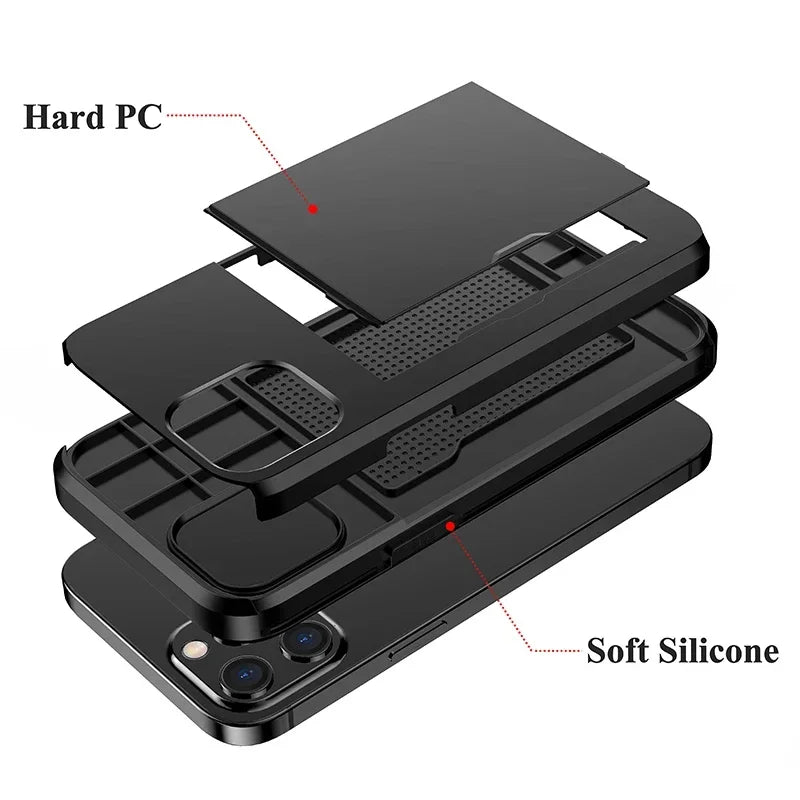 Phone Case for iPhone with Credit Card Holder, Shockproof, Sliding Slot Heavy Duty Protection Dual Layer Armor Shell Cover