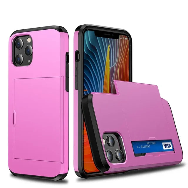 Phone Case for iPhone with Credit Card Holder, Shockproof, Sliding Slot Heavy Duty Protection Dual Layer Armor Shell Cover