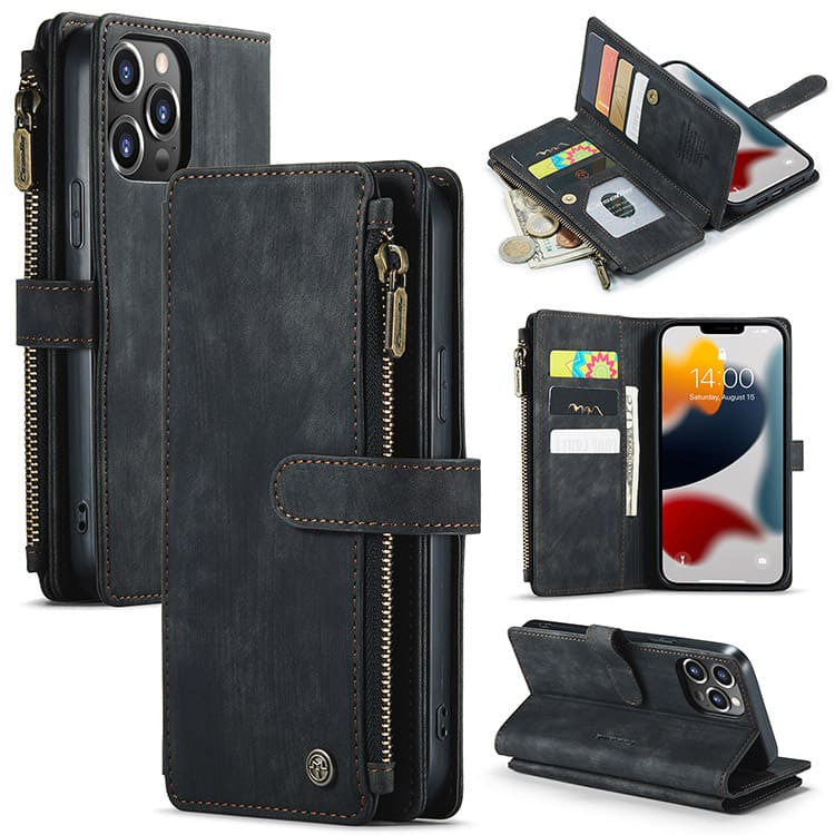 Wallet Case Flip Folio -Zipper Card Slots Wallet Cover -Leather